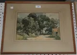William Hyams, View of a Country Lane with Figure on a Horse and Cart passing a Barn, early/mid-20th Century watercolour