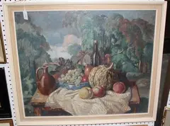 Robert Dumont-Smith, Harvest' (Still Life Study of Summer Fruit beside a Flagon and Wine Bottle on a Table, within a Landscape), oil on canvas