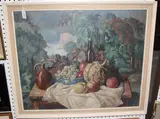 Robert Dumont-Smith, Harvest' (Still Life Study of Summer Fruit beside a Flagon and Wine Bottle on a Table, within a Landscape), oil on canvas