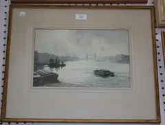 Frank C. Belcher, Pool of London' (View along the River Thames towards Tower Bridge), watercolour and ink