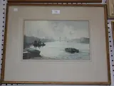 Frank C. Belcher, Pool of London' (View along the River Thames towards Tower Bridge), watercolour and ink