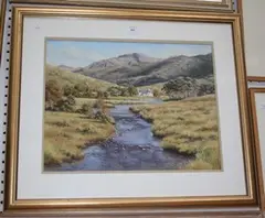 Ann Knowler, Arieniskill, Lochaber, West Highlands' (Landscape with a Cottage, River and Mountains), watercolour