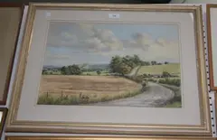 Ann Knowler, Towards Firle Beacon from Glynde' (Landscape with a Country Lane and the South Downs), watercolour
