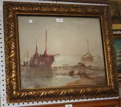 Will Perry, Coastal View with Figures unloading Boats, watercolour
