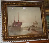 Will Perry, Coastal View with Figures unloading Boats, watercolour