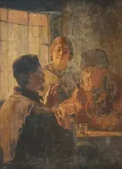 Paul Gorge, Tavern Interior with Three Figures in Conversation around a Table, oil on canvas