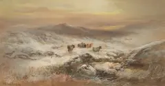 William Widgery, Snowy Moorland Landscape with Cattle, watercolour and gouache
