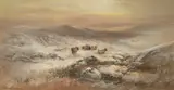 William Widgery, Snowy Moorland Landscape with Cattle, watercolour and gouache