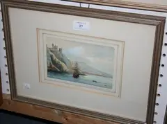 Ferguson Fancy, View of a Moored Sailing Vessel near Figures in a Rowing Boat, below a Cliff-top Castle, 1847, watercolour and sepia ink with touches of gouache
