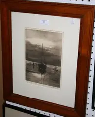 Willie Rawson, Coastal View with Moored Beached Boat, sepia aquatint