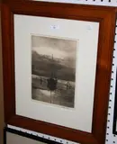 Willie Rawson, Coastal View with Moored Beached Boat, sepia aquatint