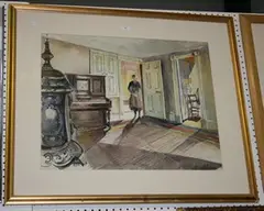 Montague Charman, Interior View with a Woman in a Doorway, watercolour