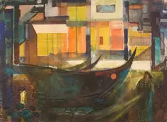 Montague Charman, View of Figures by Moored Boats and Houses, watercolour and gouache