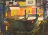 Montague Charman, View of Figures by Moored Boats and Houses, watercolour and gouache
