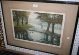 Manuel Robbe, Woman holding an Umbrella near a Duck Pond, colour aquatint