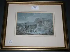 Sir James Stewart, Landscape with Figures and Horses near a Castle and Moat, watercolour and ink