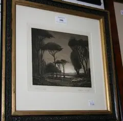 Cyril Grey, Close of Day' (Landscape with Flock of Sheep), sepia aquatint