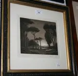 Cyril Grey, Close of Day' (Landscape with Flock of Sheep), sepia aquatint