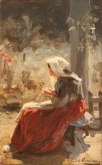 J.B. Abercromby, Portrait of a Lady knitting, oil on board