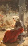J.B. Abercromby, Portrait of a Lady knitting, oil on board