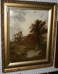 Henry Earp, Two Cows watering at a Dew Pond, oil on canvas