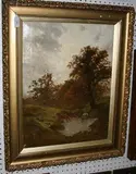 Henry Earp, Two Cows watering at a Dew Pond, oil on canvas