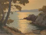 Jean Lafon, Corniche d'Or' (Continental Coastal Landscape with a Beached Boat tied within a Cove), oil on canvas