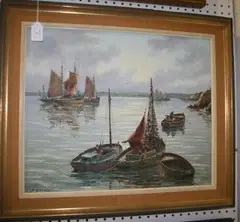 A. Bern, French Port', (Coastal View with Estuary and Sailing Boats), oil on board