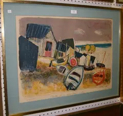 Serge Shart, Coastal View with Beached Sailing Boats and Fishermen's Huts, lithograph printed in colour