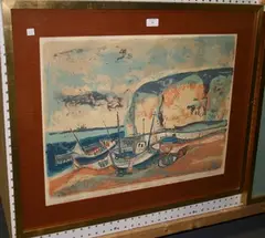 Serge Shart, Coastal View with Beached Fishing Boats near a Harbour Wall, a Ship in the distance, lithograph printed in colour