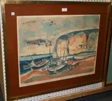 Serge Shart, Coastal View with Beached Fishing Boats near a Harbour Wall, a Ship in the distance, lithograph printed in colour