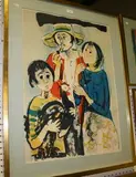 Serge Shart, Study of Three Figures sheltering under an Umbrella, the Young Boy holding a Hen, lithograph printed in colour