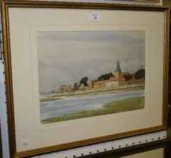 Harry George Theaker, View across an Estuary towards a Church and Village, watercolour over pencil