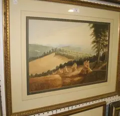 Douglas Bower, Halnaker Windmill, Sussex' (Downland Landscape with Corn Stooks and Rolling Hills, the Mill in the distance), watercolour