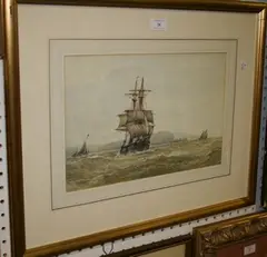 Frederick James Aldridge, Sailing Vessels on Choppy Waters, a Headland beyond, watercolour