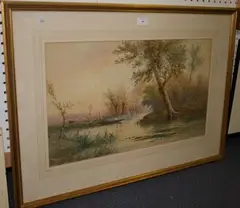 E. St. John, Landscape with River, Figure and Punt, watercolour