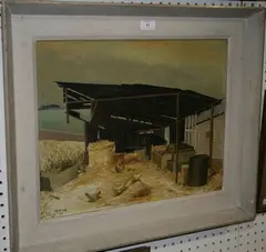 Eugenie Camp, Study of a Ruined Barn with Chickens in Straw, 1958, oil on board