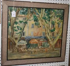 Madeline Wells, La Grande Place' (View of the Café), early/mid-20th Century oil on board