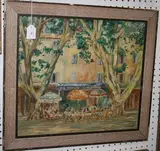 Madeline Wells, La Grande Place' (View of the Café), early/mid-20th Century oil on board