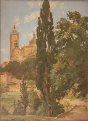 Alfred Withers, Segovia' (View of the Spanish Hill-top Town and Cathedral with Poplars and Other Trees in the foreground), oil on board