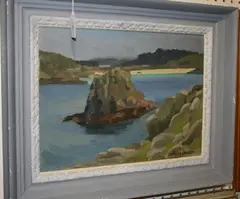 Edward Lander, View of a Cove and Rock Formation, oil on canvas-board