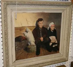 William E. Hollows, Refugees' (Study of Two Figures sitting on the Floor within an Interior), oil on canvas