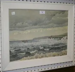 Armigel Wade, Coastal Landscape with Fishing Boats on Choppy Waters in an Estuary, 1948, watercolour