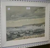 Armigel Wade, Coastal Landscape with Fishing Boats on Choppy Waters in an Estuary, 1948, watercolour