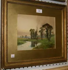 A. Willett, View along a River, Haymaking in the distance, watercolour with gouache