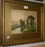 A. Willett, View along a River, Haymaking in the distance, watercolour with gouache