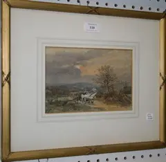 W.P. Burton, Landscape with Figures and a Horse-drawn Cart carrying Tree Trunks, 1866, watercolour heightened with white