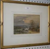 W.P. Burton, Landscape with Figures and a Horse-drawn Cart carrying Tree Trunks, 1866, watercolour heightened with white