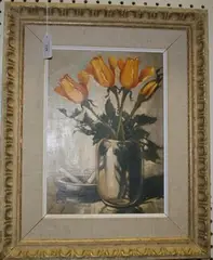 Jan B. Pospisil, Still Life Study of Yellow Roses in a Glass Vase beside Cigarettes in an Ashtray, oil on canvas