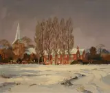 Roy Perry, Bosham Green, Winter' (View of a Snow-covered Landscape with a Red Brick House, a Church beyond), oil on canvas